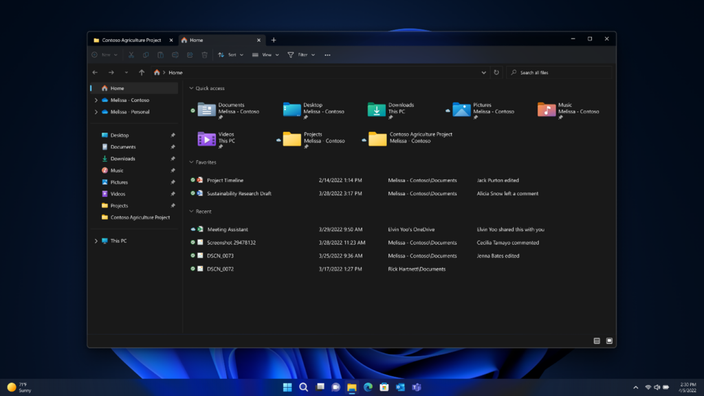 Изглед на екрана на файловия мениджър на Windows 11, демонстриращ функциите за организиране на файлове, включително категориите „Предпочитани“ и „Последни“.