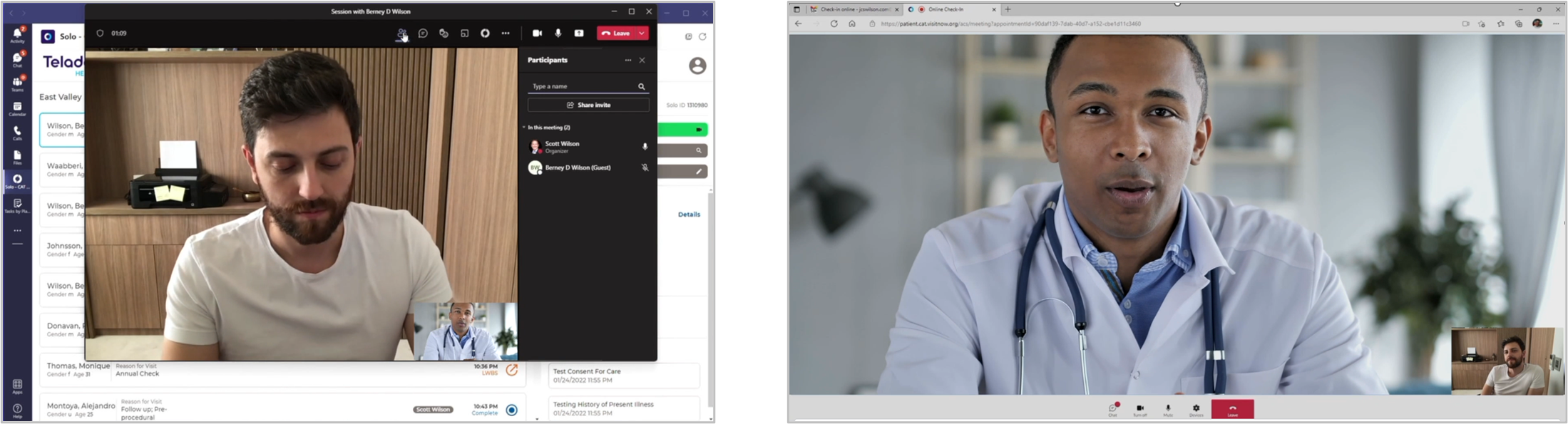 Показване на персонализираното приложение на Teladoc Health за виртуално здравеопазване в прозорци „един до друг“. Изглед на клиничния екип отляво, показващ пациент, и изглед на пациента отдясно, показващ лекар. 