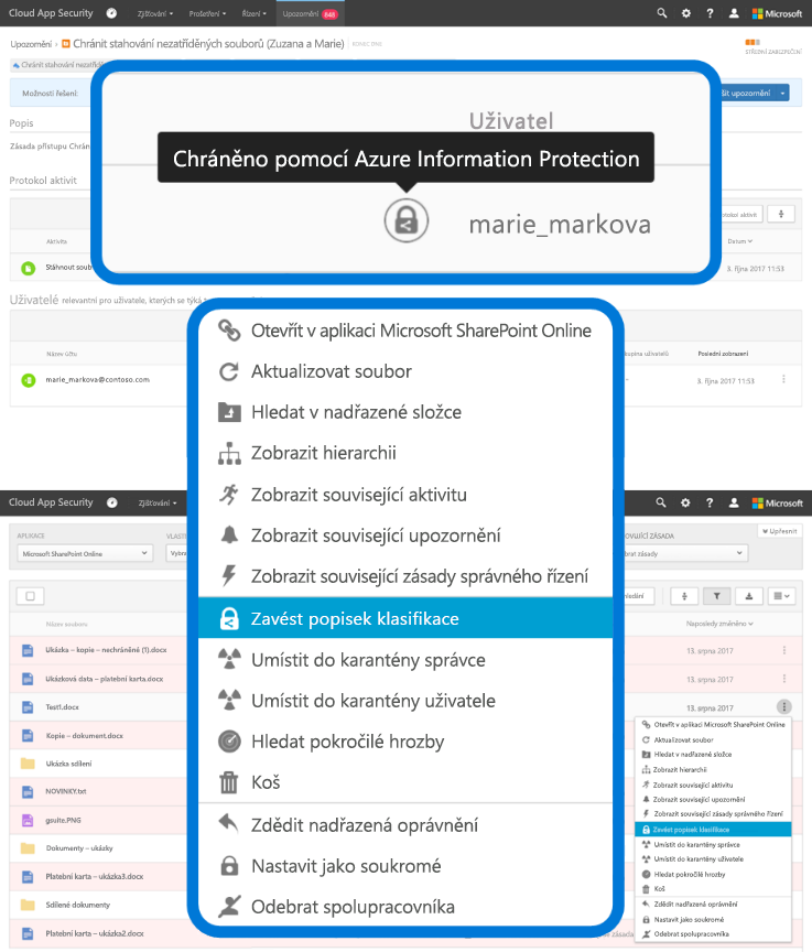 Snímek obrazovky s vybranou možností Zavést popisek klasifikace v rozevírací nabídce v Azure Information Protection