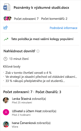 Snímek obrazovky s funkcí Náhled do souboru u wordového dokumentu. Zobrazují se klíčové body i čas potřebný k přečtení dokumentu.