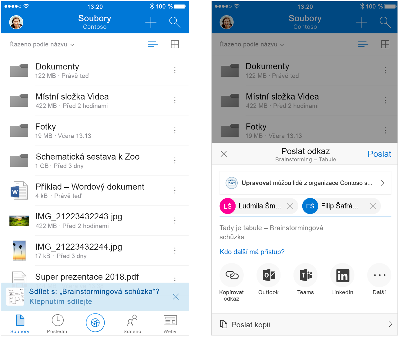 Snímky obrazovek vedle sebe ukazují inteligentní sdílení souborů v Outlooku.