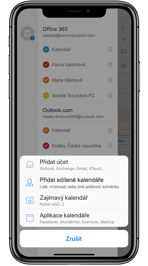 Obrázek mobilního zařízení, kde se v Outlooku Mobile přidává sdílený kalendář