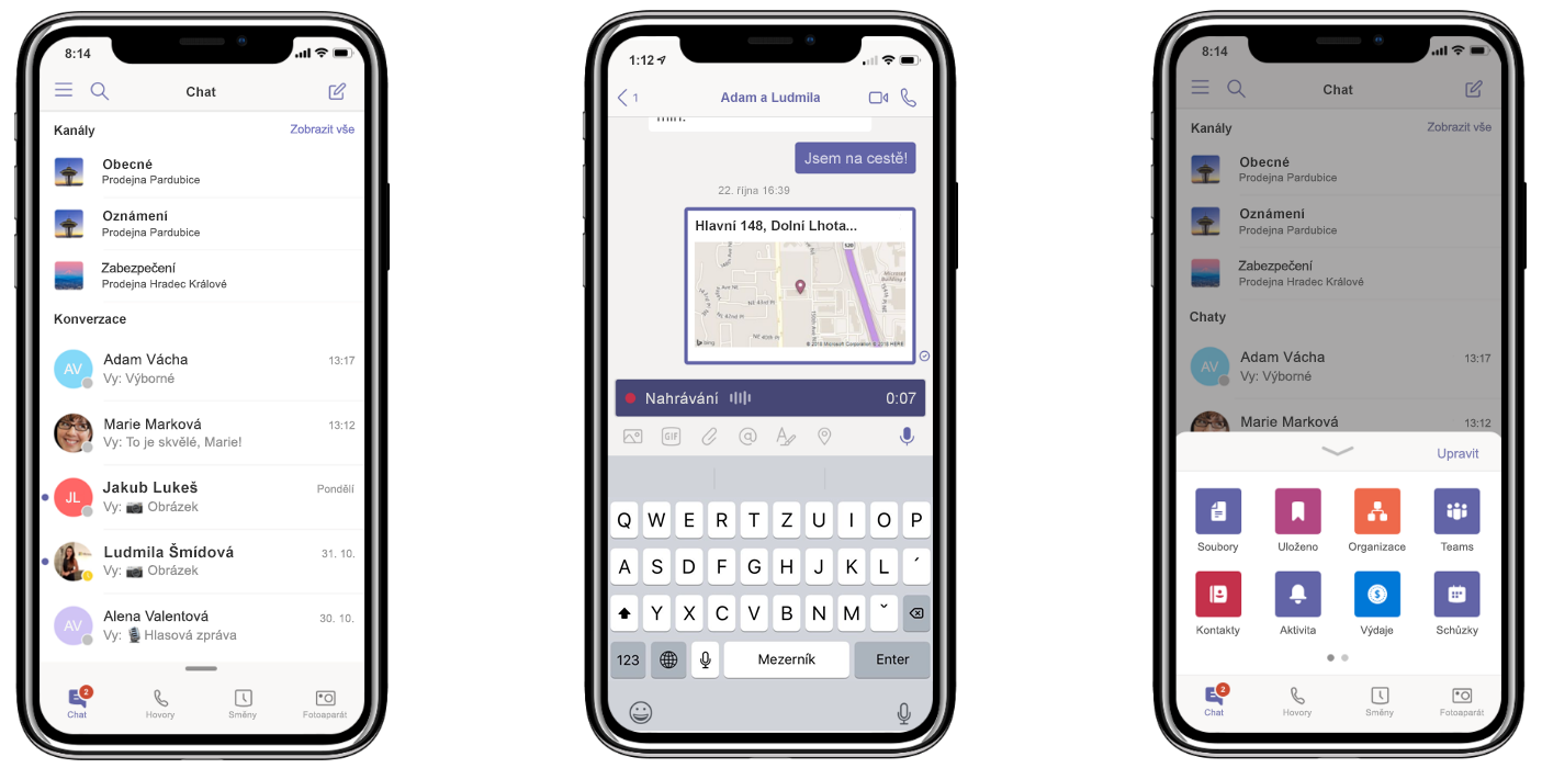 Tři iPhony zobrazují nové funkce Teams: všechny konverzace na jednom místě (vlevo), sdílení polohy a nahrávání zvukových zpráv (uprostřed) a přizpůsobení navigační nabídky (vpravo).