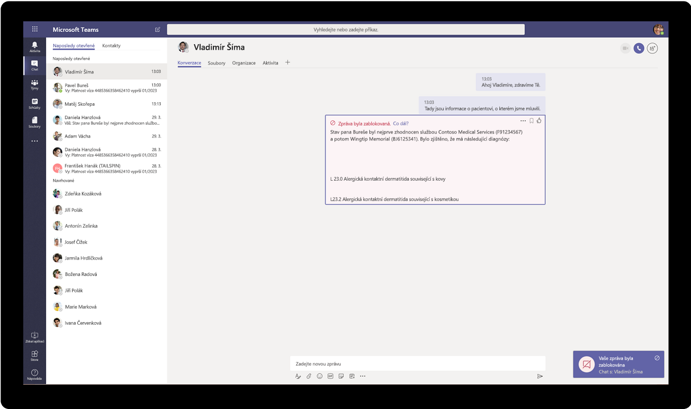 Snímek obrazovky se zablokovanou zprávou v Microsoft Teams