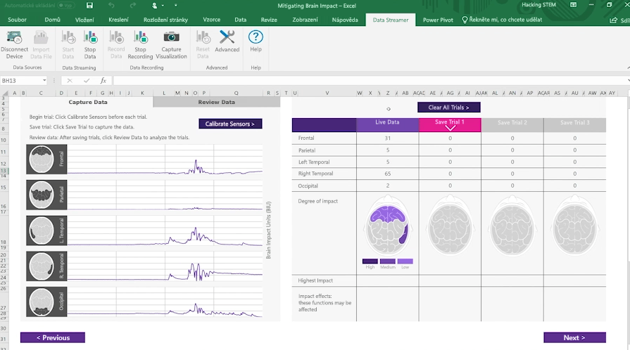 Snímek obrazovky se sešitem s informacemi o vlivu na mozek vytvořeným v Data Streameru v Excelu