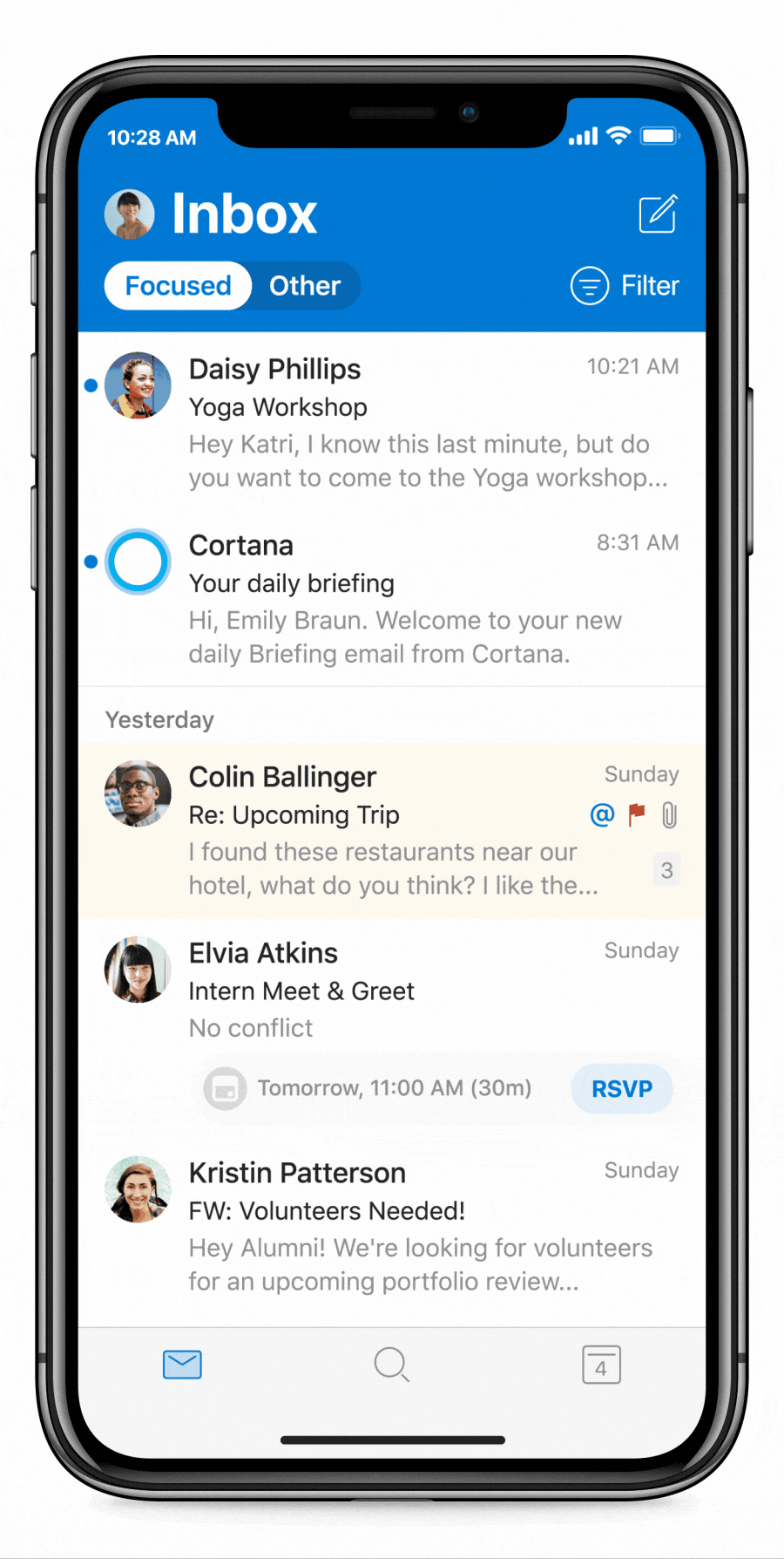 Animovaný obrázek denních přehledů Cortana v Outlooku Mobile. Uživatel otevře denní přehled, označí zprávu o kvalitě jako dokončenou, úkol jako dokončený, zarezervuje si čas na intenzivní práci a zkontroluje si kalendář.