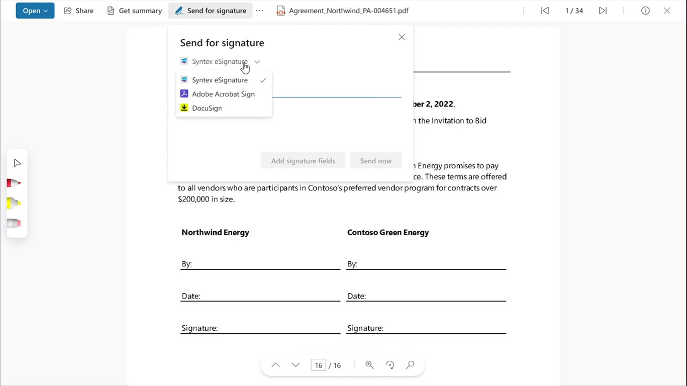 Prompt om at sende et dokument til underskrift ved at have musen over Syntex eSignature. Der vises to andre muligheder: Adobe Acrobat Sign og DocuSign.