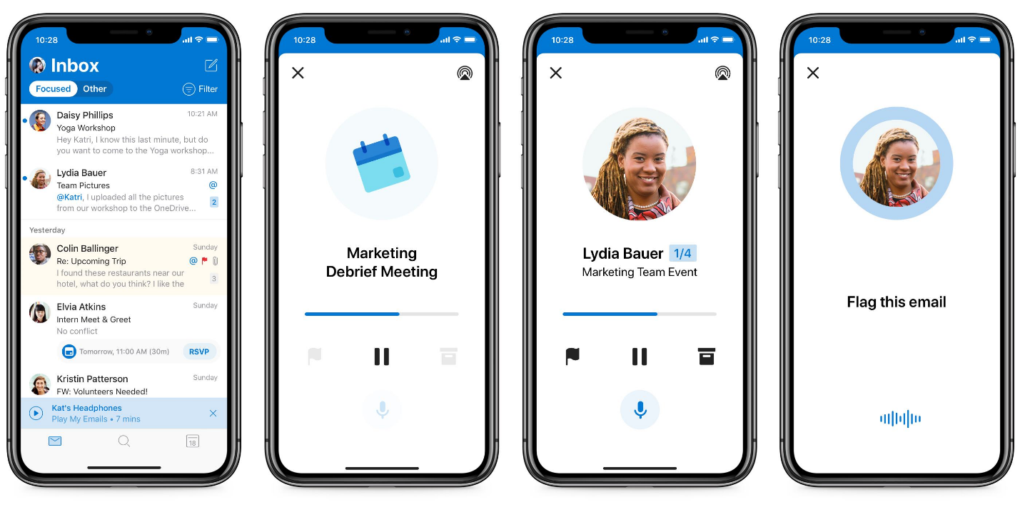 Billede af fire telefoner side om side, der illustrerer kraften ved Cortana som en personlig assistent. Den ene viser en Outlook-indbakke, de næste to et mobilmøde, og den sidste en e-mail, der er markeret af Cortana.