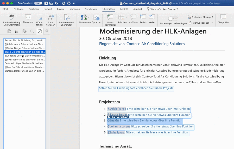 Screenshot eines Word-Dokuments, in dem die KI-gestützte To-Do-Funktion genutzt wird