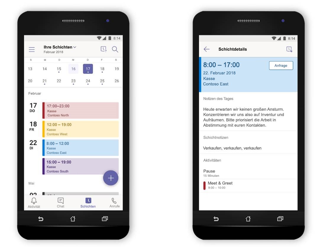 Eine Abbildung von zwei Smartphones nebeneinander, die die Funktion "Schichten" in Microsoft Teams anzeigen.