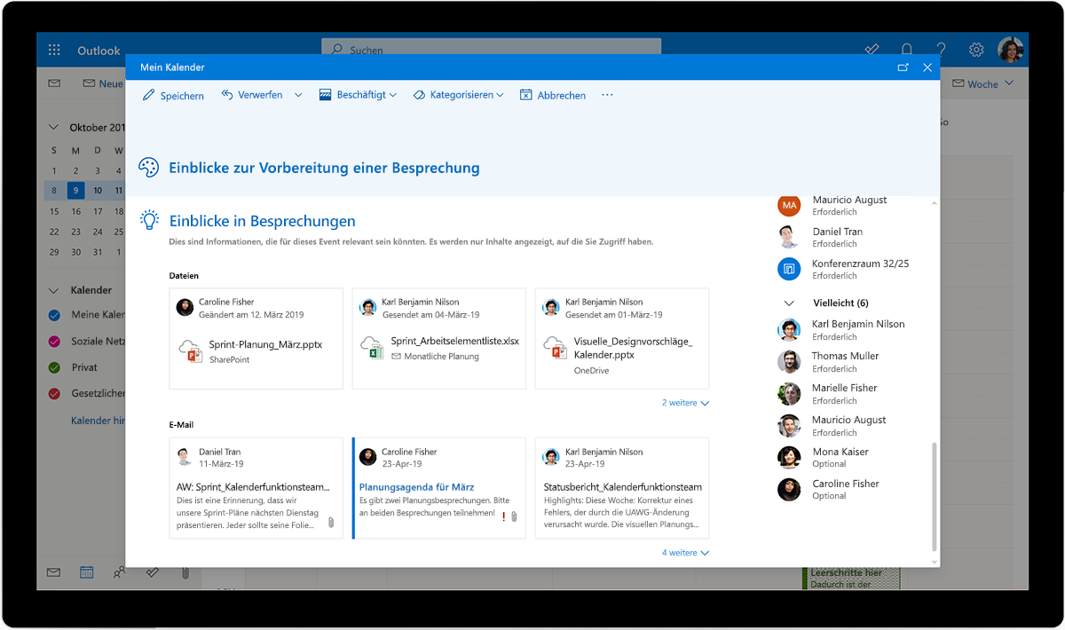 Einblicke zur Vorbereitung einer Besprechung in Outlook in "Mein Kalender"