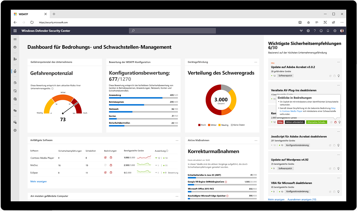 Abbildung des Windows Defender Security Center-Dashboards