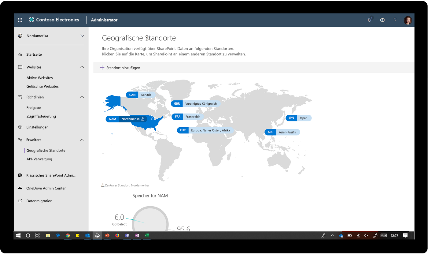 Screenshot des Administratordashboards mit geografischen Standorten