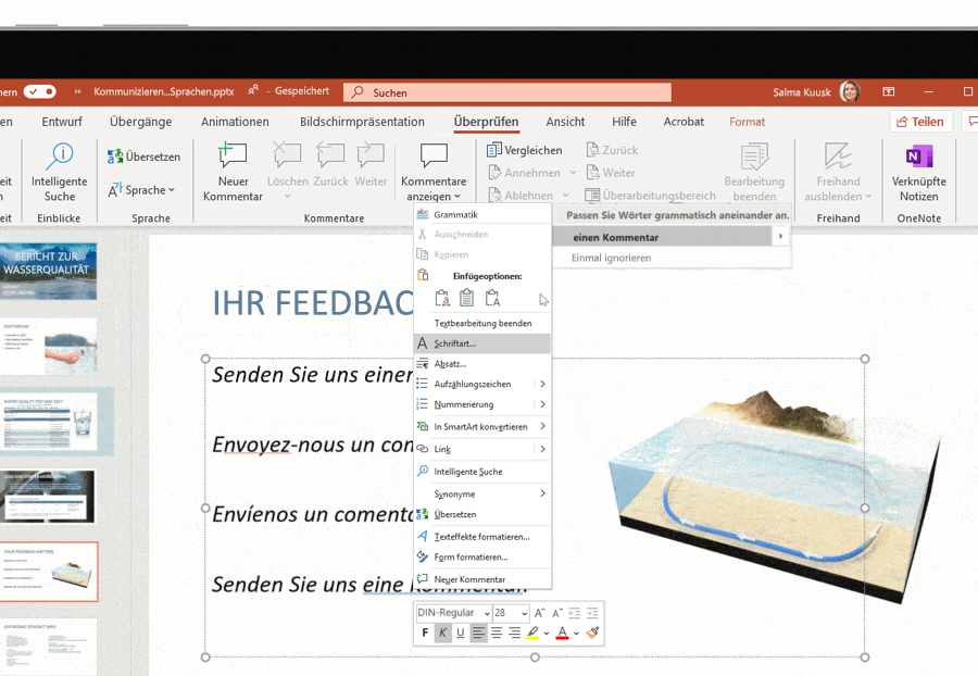 Screenshot der Unterstützung mehrerer Sprachen auf einer Microsoft PowerPoint-Folie