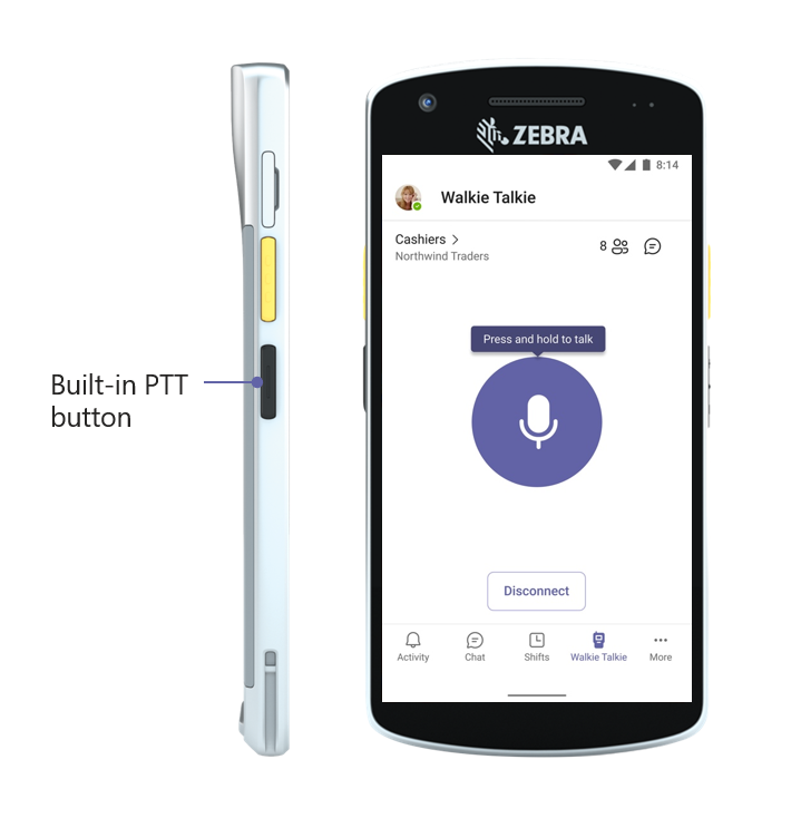 Walkie-Talkie-Funktion auf einem Zebra-Gerät, das über eine integrierte PTT-Taste für die Nutzung mit Microsoft Teams verfügt.