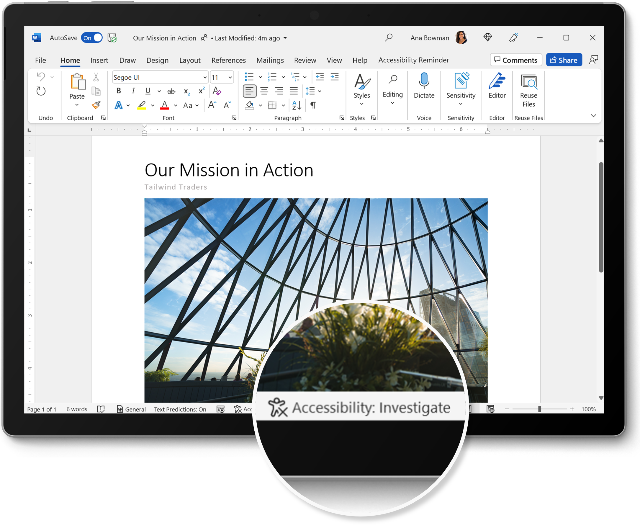 Microsoft Word-Bearbeitungsfenster mit einem Dokument, in dem ein Textabschnitt einen schwachen Kontrast hat. Ein Bildschirm, in dem der Text “Accessibility: Investigate” vergrößert dargestellt ist. 