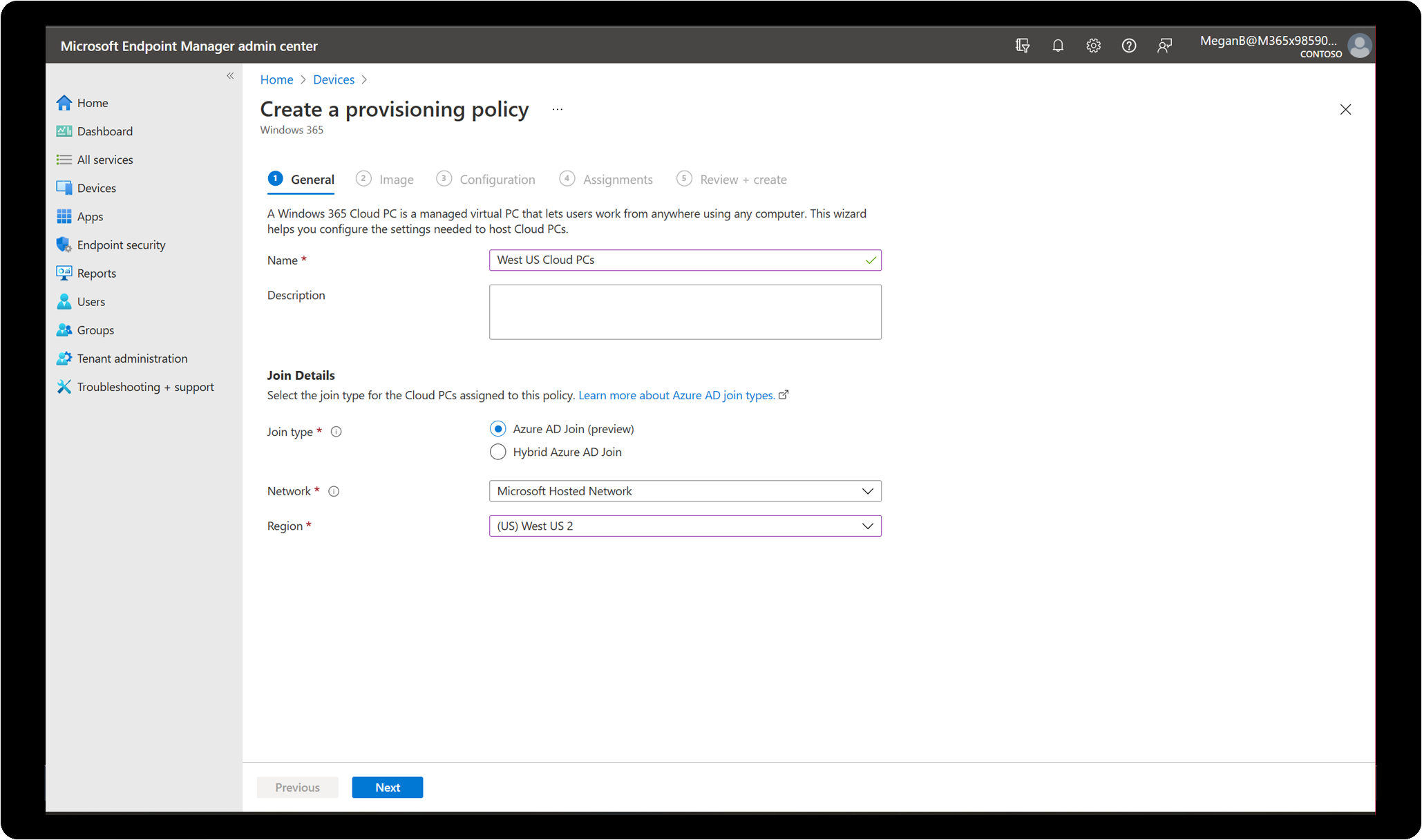 Microsoft Endpoint Manager Admin Center mit dem Assistenten zur Konfiguration von Einstellungen, die zum Hosten von Cloud-PCs benötigt werden.