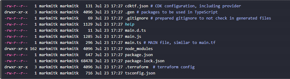 Die Ausgabe zeigt mehrere erzeugte Dateien, einschließlich der bekannten main (in diesem Fall main.ts statt main.tf) und der CDK-Konfigurationsdatei cdktf.json