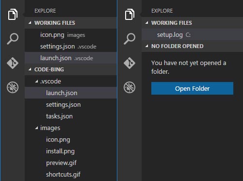 Abbildung 1: VS Code Explorer (links mit geöffneten Ordnern und Dateien, rechts ist nur eine Datei geöffnet)