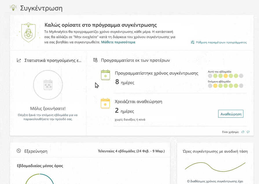 Ο πίνακας εργαλείων του MyAnalytics με επιλεγμένη την καρτέλα "Συγκέντρωση". Ο χρήστης κάνει κλικ στο κουμπί "Δοκιμή" για να ξεκινήσει και δεσμεύει αυτόματα χρόνο συγκέντρωσης κάθε μέρα. Το ημερολόγιο του Outlook εμφανίζει τα χρονικά διαστήματα χρόνου συγκέντρωσης με πράσινο χρώμα.