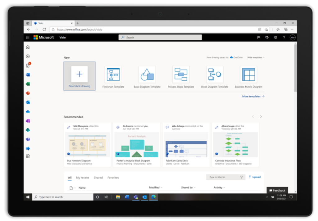 Αρχική σελίδα του Microsoft Visio στην πύλη web του Microsoft 365.