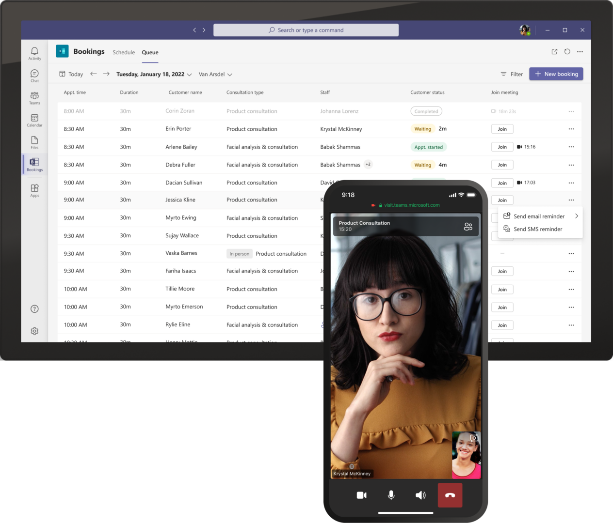 Ένα tablet που εμφανίζει προγραμματισμένες εικονικές επισκέψεις στην ουρά, επιτρέποντας σε έναν εργαζόμενο να βλέπει όλες τις εικονικές συναντήσεις και τις εμπλουτισμένες λεπτομέρειες, όπως τους χρόνους αναμονής και την πρόσβαση για την αποστολή υπενθυμίσεων S M S σε μία θέση. Επίσης, μία κινητή συσκευή που εμφανίζει μια σύσκεψη Teams που χρησιμοποιείται για μια εικονική διαβούλευση με ένα κατάστημα λιανικής πώλησης. 