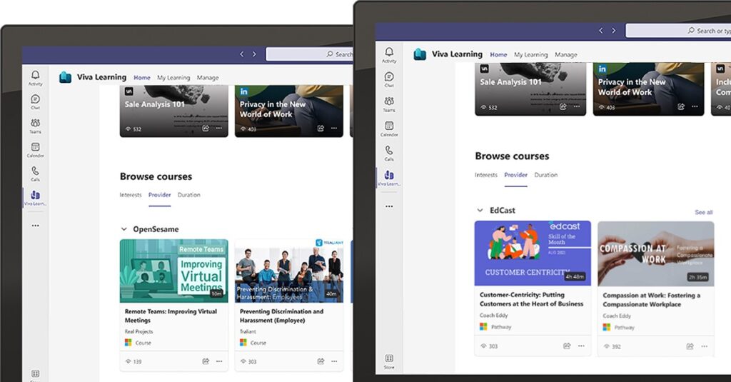 Δύο tablet που εμφανίζουν την Εκμάθηση Microsoft Viva με εστίαση στις υπηρεσίες παροχής περιεχομένου Ed Cast και Open Sesame.