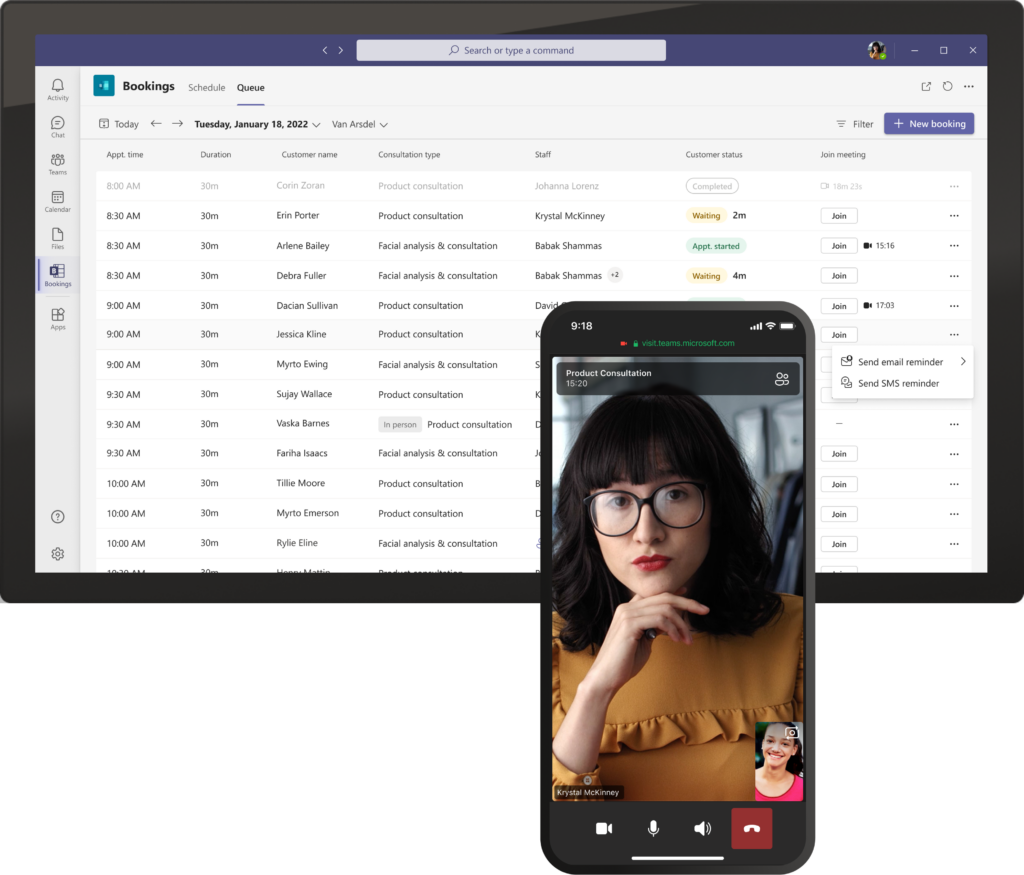 Ένα tablet που εμφανίζει προγραμματισμένες εικονικές επισκέψεις στην ουρά, επιτρέποντας σε έναν εργαζόμενο να βλέπει όλες τις εικονικές συναντήσεις καθώς και πολλές λεπτομέρειες, όπως τους χρόνους αναμονής και την πρόσβαση για την αποστολή υπενθυμίσεων S M S σε μία θέση. Επίσης, μία κινητή συσκευή που εμφανίζει μια σύσκεψη Teams που χρησιμοποιείται για μια εικονική διαβούλευση με ένα κατάστημα λιανικής πώλησης.