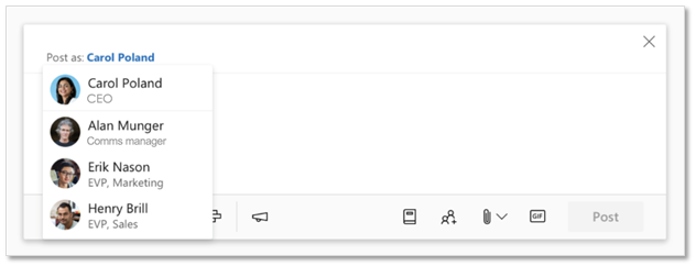 Delegate posting in Yammer now allows you to post on behalf of another user