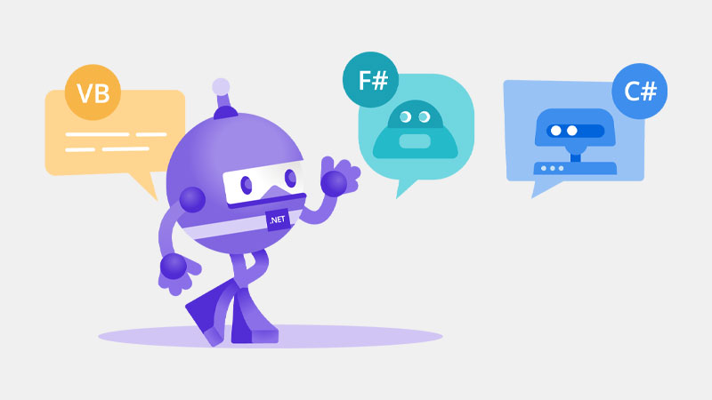An illustration of a purple robot speaking different coding languages