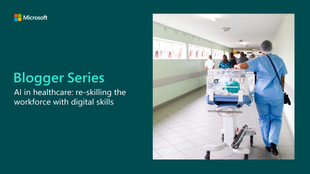 Blogger series graphic showing hospital staff in a hospital corridor.