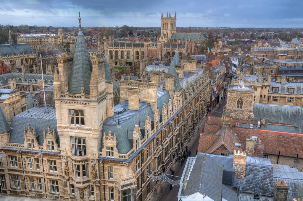An aerial view of St. John's College in Cambridge, England.