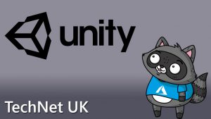 Bit the Raccoon looking at the Unity 3D logo.