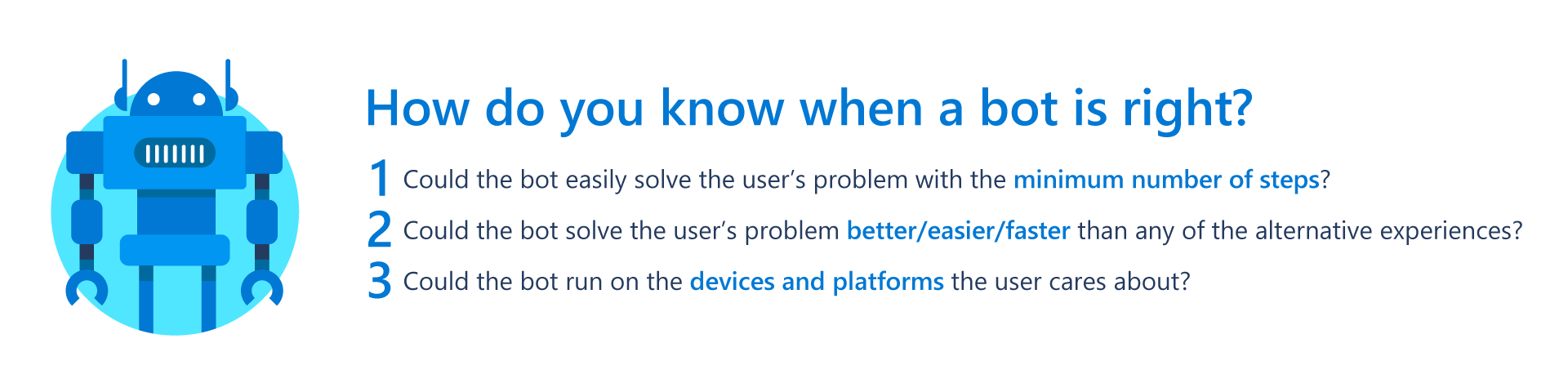 How do you know when a bot is right? Could the bot easily solve the user’s problem with the minimum number of steps? Will the bot solve the user’s problem better/easier/faster than any of the alternative experiences? Could the bot run on the devices and platforms the user cares about?
