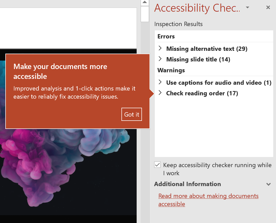 Screenshot of Accessibility Checker to increase diversity and inclusivity of all content