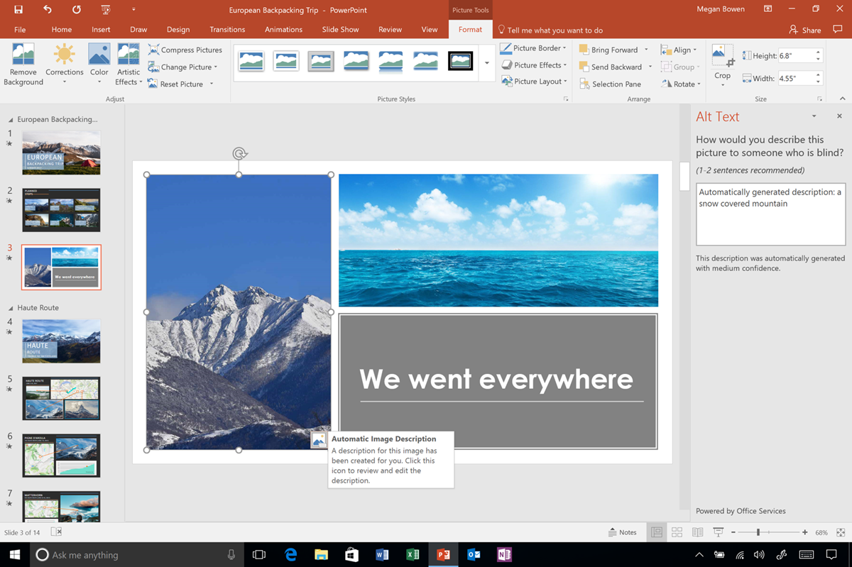 Screenshot showing automatic alt-text added to a PowerPoint image