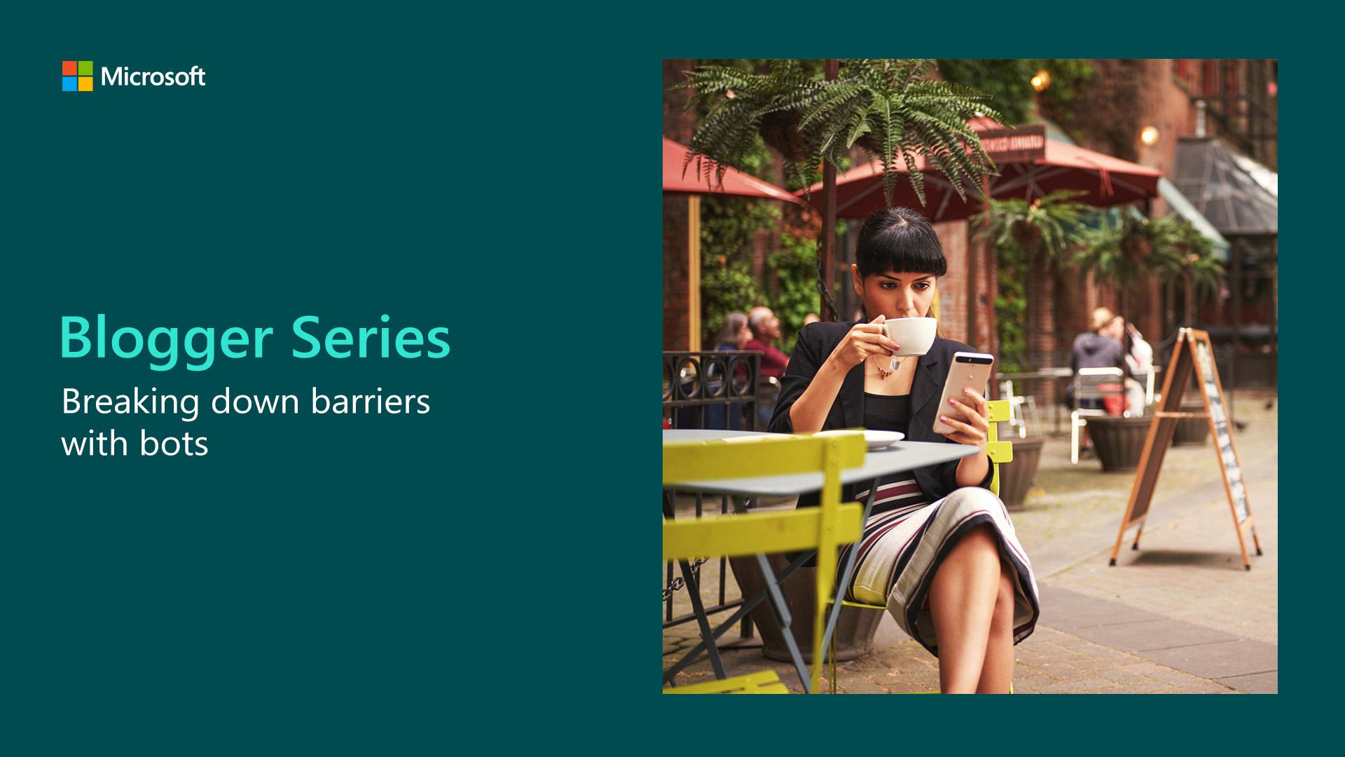 Microsoft Blogger Series banner showing woman on her phone whilst drinking coffee