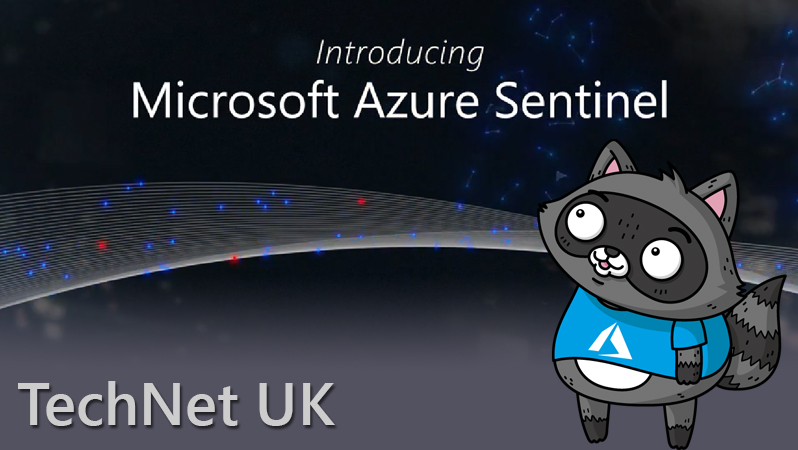An image that reads "Introducing Microsoft Azure Sentinel", with a drawing of Bit the Raccoon on the right.