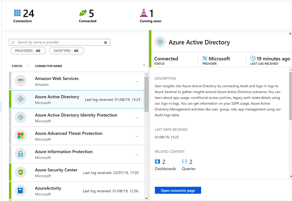 A screenshot showing Azure Active Directory being linked to Azure Sentinel.
