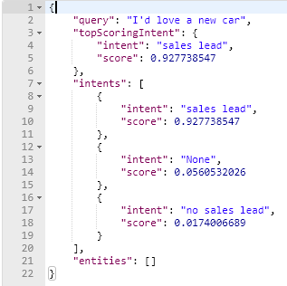 A screenshot of example JSON you might see when using Cognitive Services APIs.