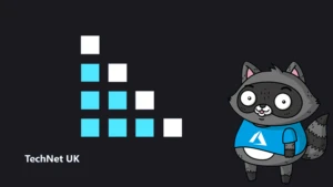 An illustration representing a data warehouse, next to an illustration of Bit the Raccoon.