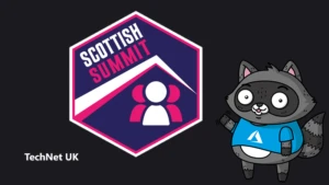 The Scottish Summit logo, next to an illustration of Bit the Raccoon.AC
