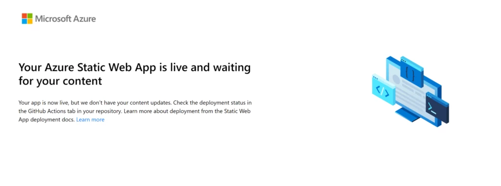A screenshot showing confirmation of the Azure Static Web App being live.