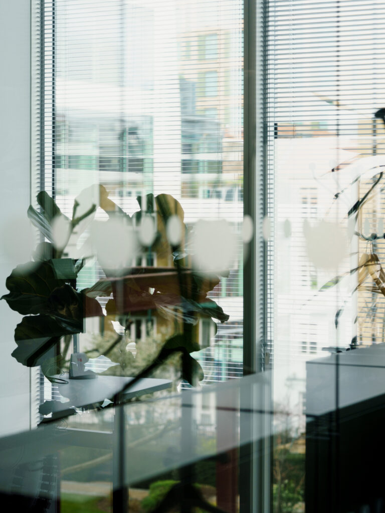 Ornamental flowers sit on the desk of a glass-walled office