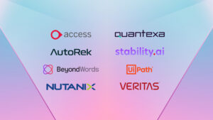 Array of ISV partner logos including Access, AutoRek, BeyondWords, Nutanix, Quantexa, StabilityAI, UIPath and Veritas