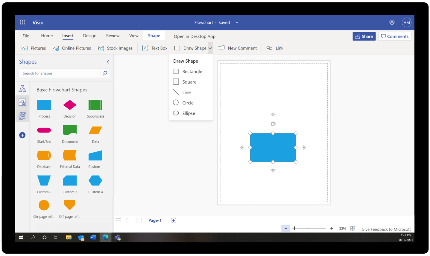 Create shapes in your Visio diagrams with the draw shape tool from the insert tab on the ribbon.