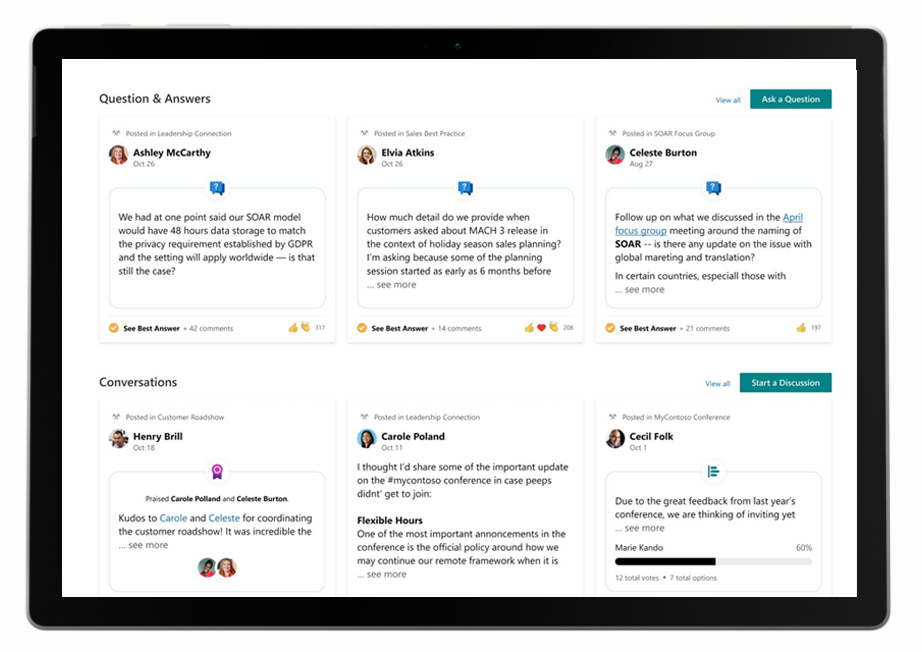 Users will see topics in Yammer enhanced with Viva Topics experiences, such as Viva Topic cards, and Viva Topics experiences like pages and cards will include content from Yammer—such as questions and answers and conversations. 