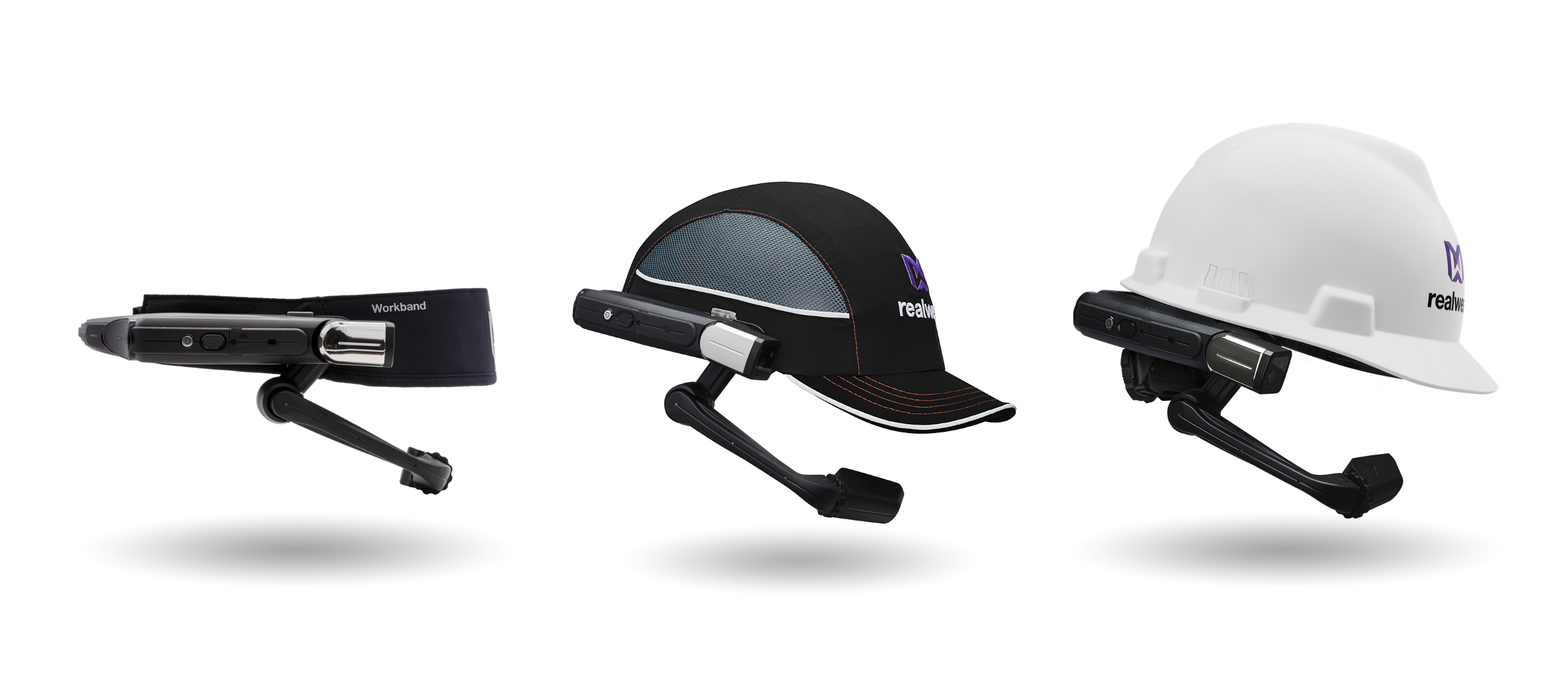 Three examples of RealWear headwear solutions that integrate with Microsoft Teams. 