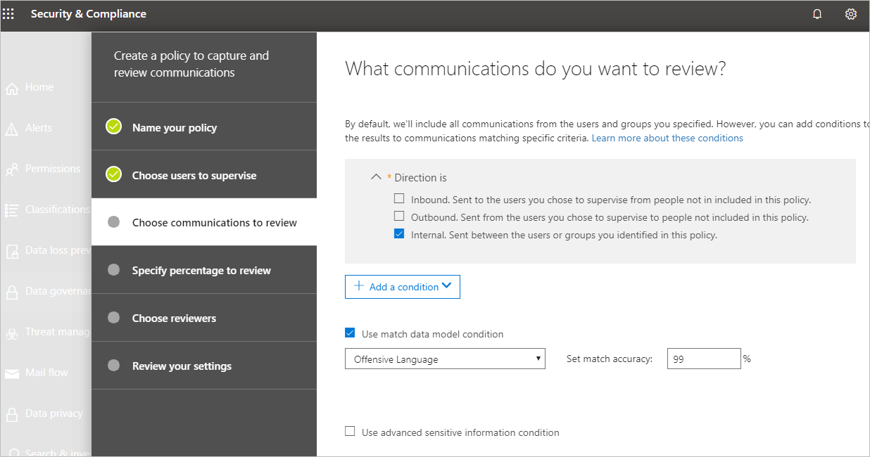 Screenshot of the Security and Compliance center, where the user is choosing a communication to review. She has checked "internal."