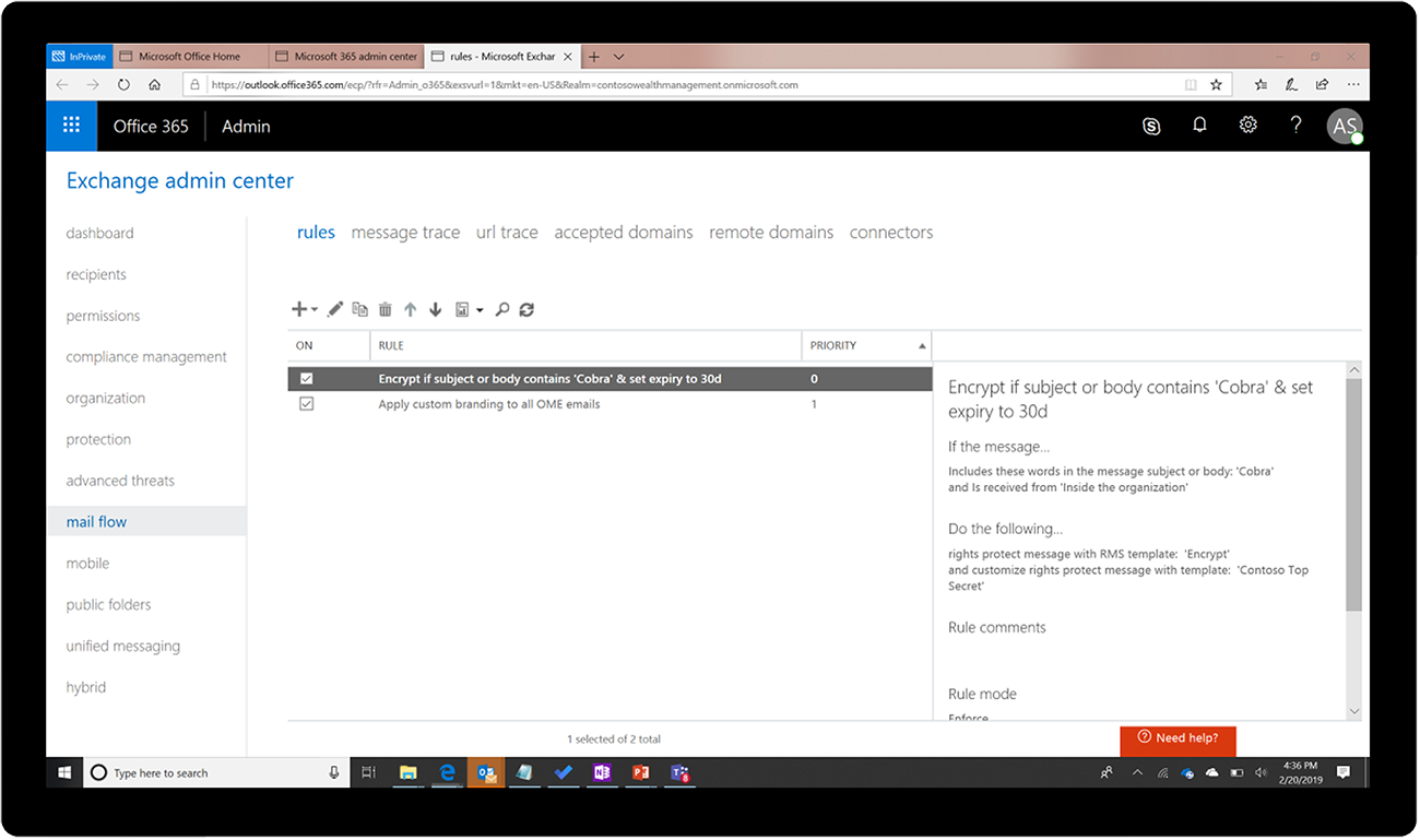 Screenshot of the Exchange admin center.